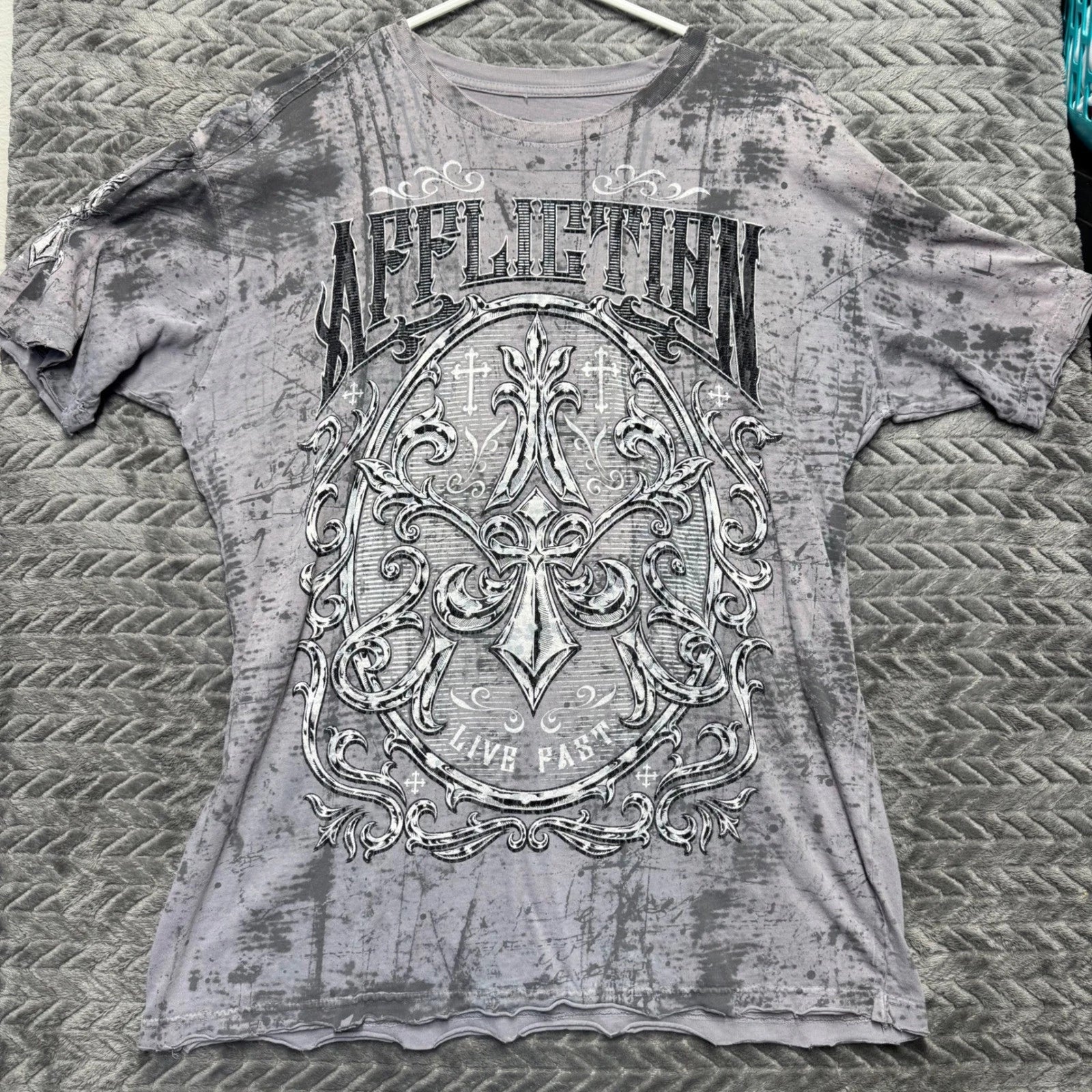 Affliction Graphic T-Shirt XL Gray Excellent Y2K Moto Distressed (1624)