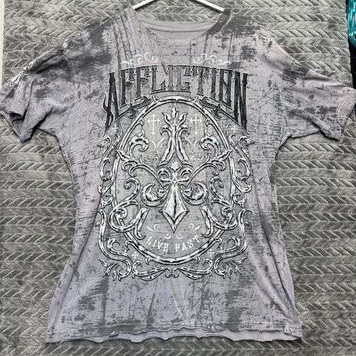 Affliction Graphic T-Shirt XL Gray Excellent Y2K Moto Distressed (1624)
