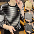Men's Slim Fit Stripe Round Neck Long Sleeve Polyester Spandex T-Shirt