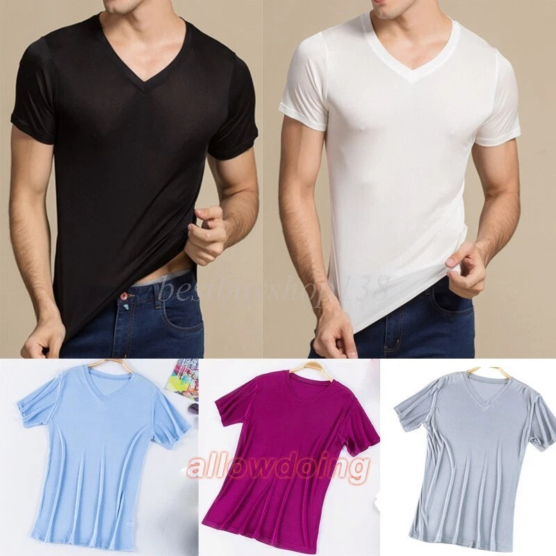 Men 100% Mulberry Silk Knitted V Neck T Shirts Underwear Short Sleeve Tops Shirt