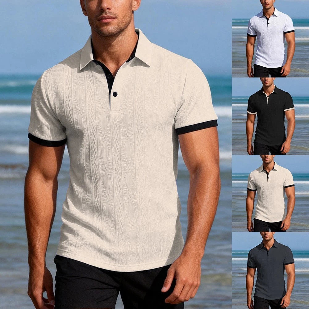 Mens Button Down Short Sleeve Jacquard Slim Fit T-Shirt for Casual Streetwear
