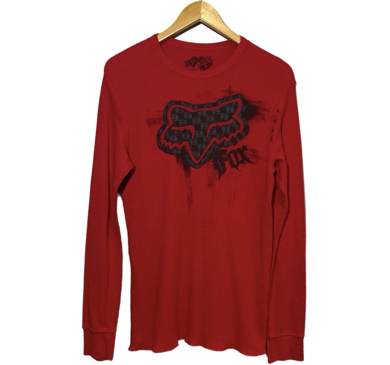 Y2K Fox Racing Men’s Large Long Sleeve Henley Waffle Knit Thermal Shirt Red