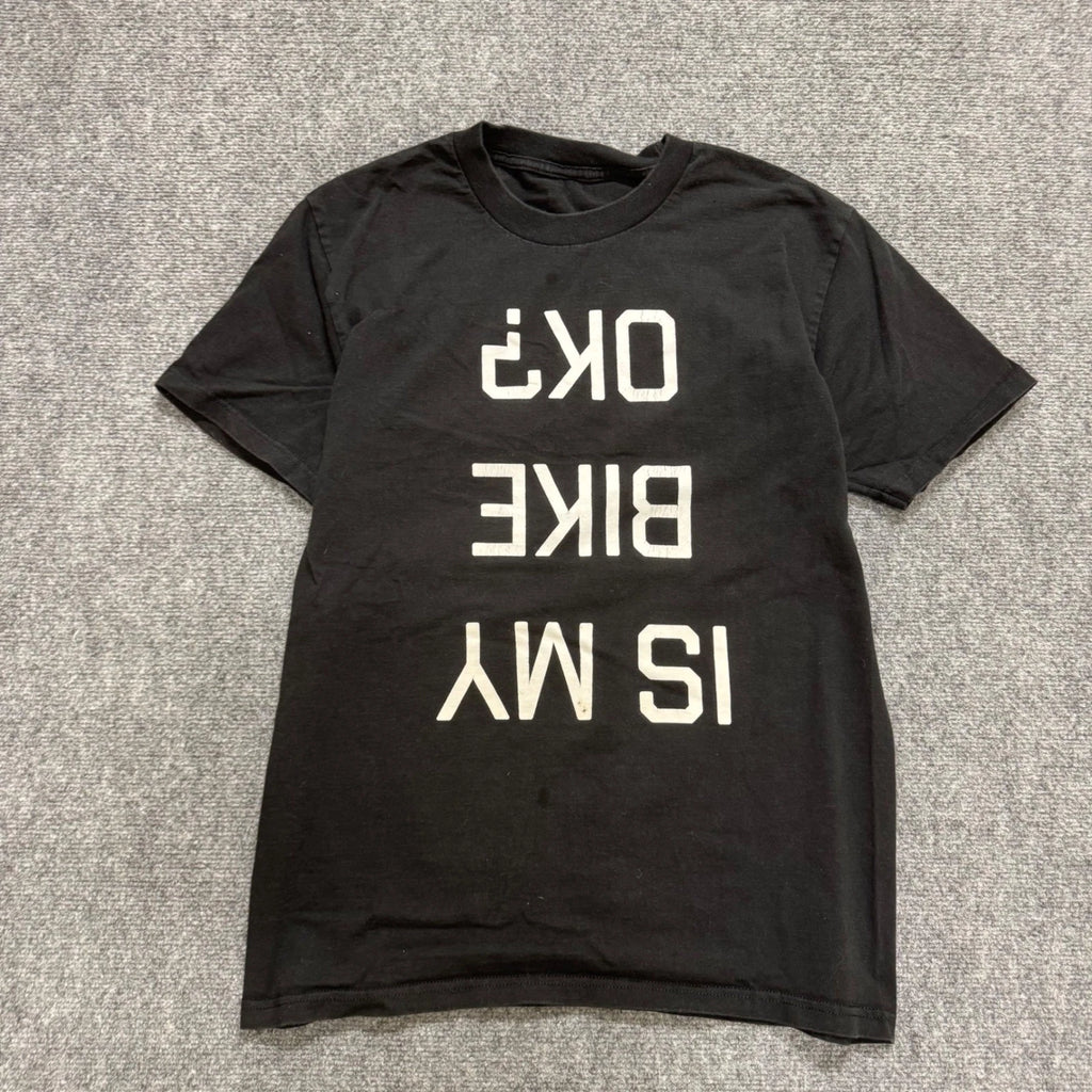 Is My Bike Okay T-shirt Men's M Black Word White Grunge Y2K Shirt