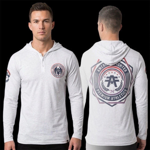 AMERICAN FIGHTER Silver CAPELLA  Long Sleeve Henley Thermal Hoodie  T-shirt NWT