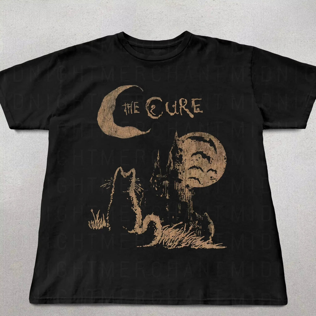 The Cure Cat Graphic T Shirt Black Goth Rock Band Tee Y2K Mens Unisex Top