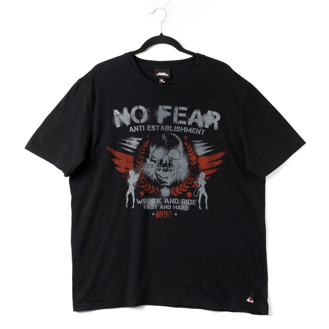 Y2K No Fear Skull Graphic T-Shirt Mens XL Black Grunge Vintage Streetwear