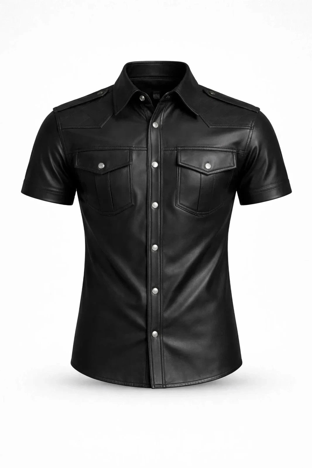 Men’s Black Leather Shirt – Biker Fashion Top, Urban Street Style Short Sleeve