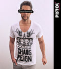 Pistol Boutique men's Fitted White Deep V neck CHAOS REIGN SWALLOW CROWN T-shirt