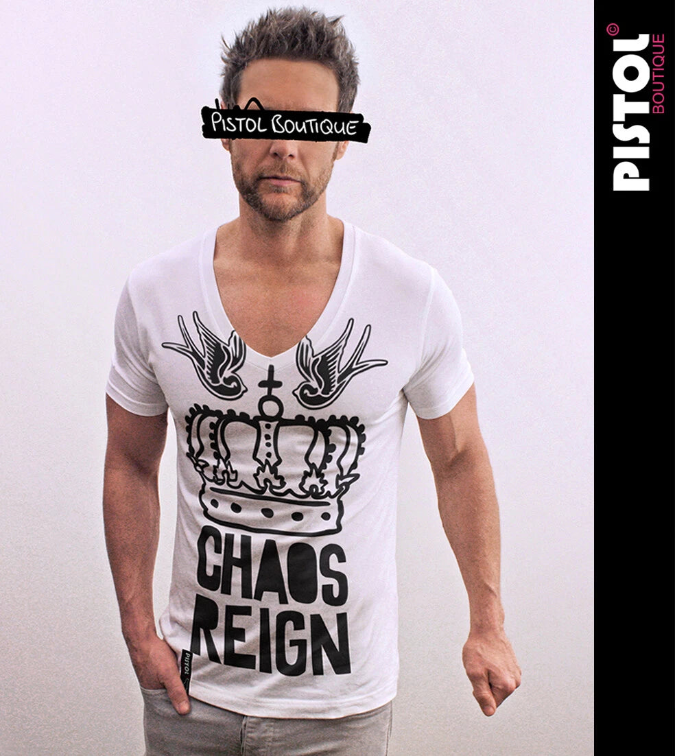 Pistol Boutique men's Fitted White Deep V neck CHAOS REIGN SWALLOW CROWN T-shirt