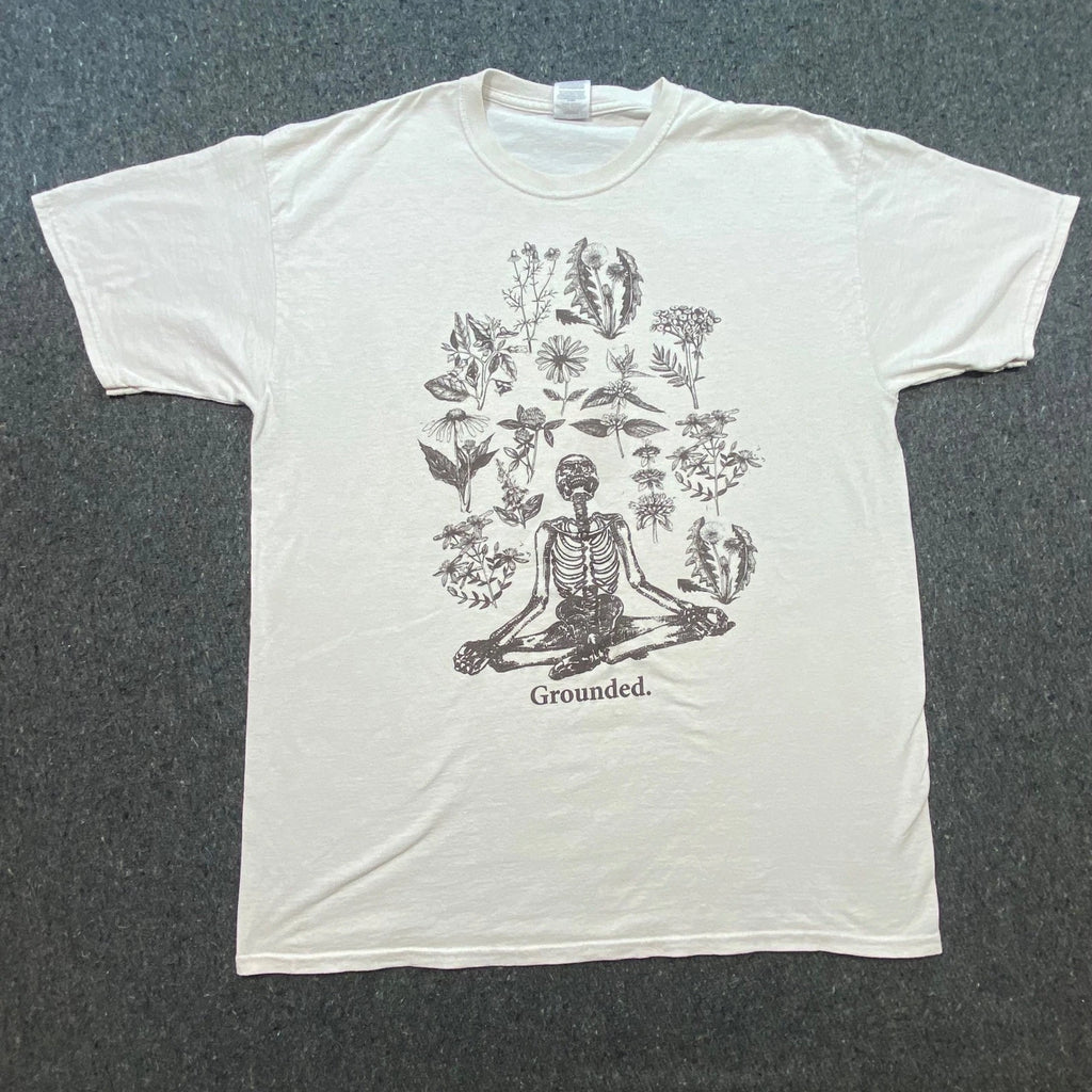 Jerzees Grounded Skeleton Flowers Shirt Sz XLT Mens Cream Boho Grunge Meditating