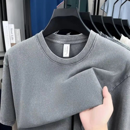 American style retro heavyweight solid color short sleeved T-shirt men women