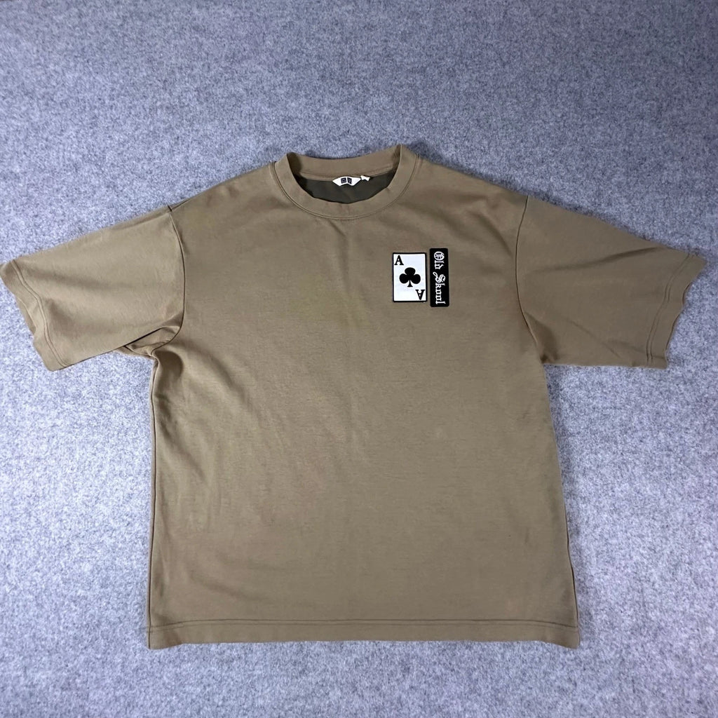 Uniqlo U T-Shirt Mens XL Tan Ace of Clubs Old Skool Patch Custom Short Sleeve