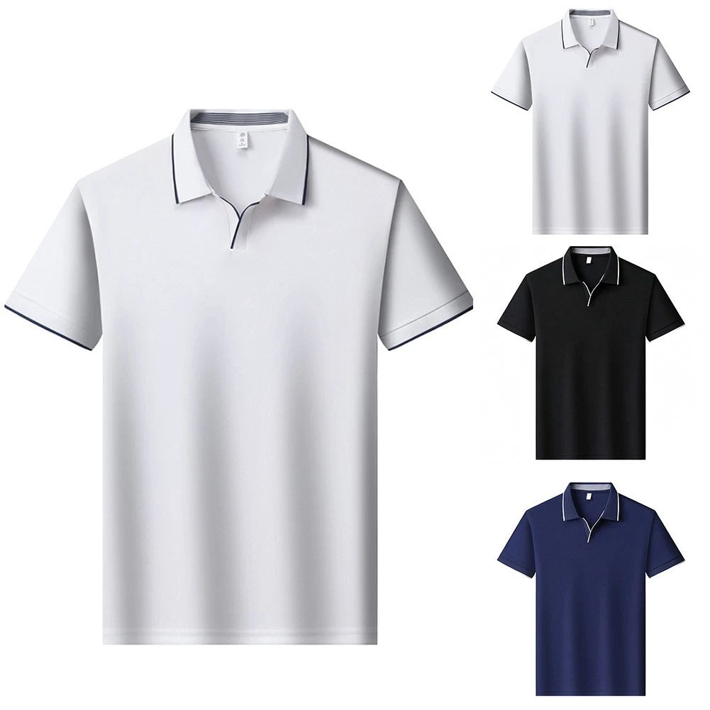 Men's V Neck Lapel Short Sleeve T Shirt Contrast Trim for Office Daily Wear