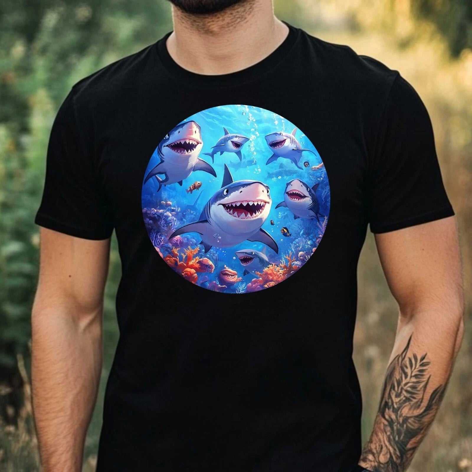 Mens Group Of Sharks Motif Cotton T-Shirt Size XS to 5XL