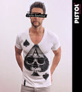 Pistol Boutique Men's Fitted White Deep V neck ACE OF SPADES SKULL CARD T-shirt