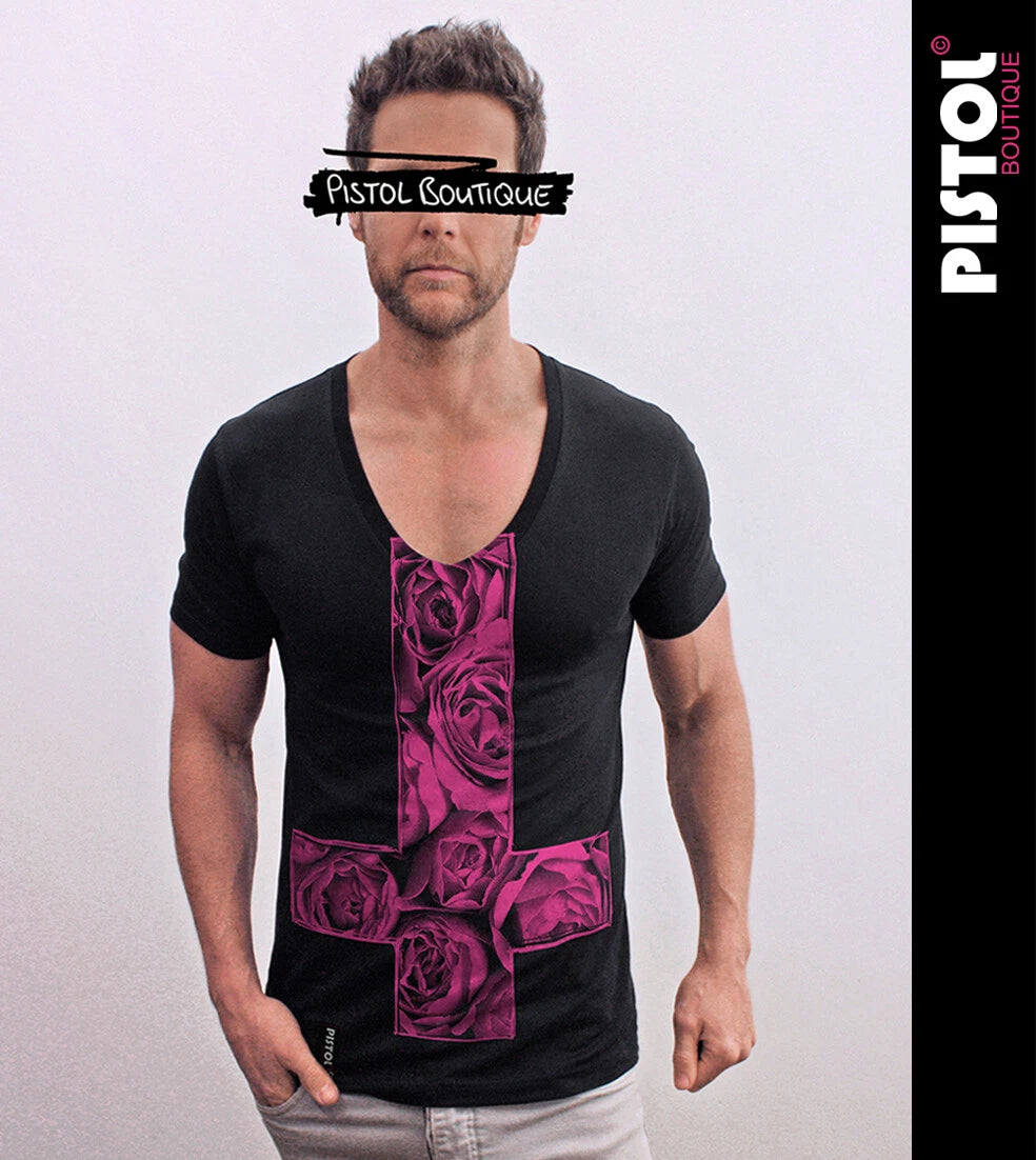 Pistol Boutique Mens Fitted Black Deep V neck SKETCH ROSES CROSS Flowers T-shirt