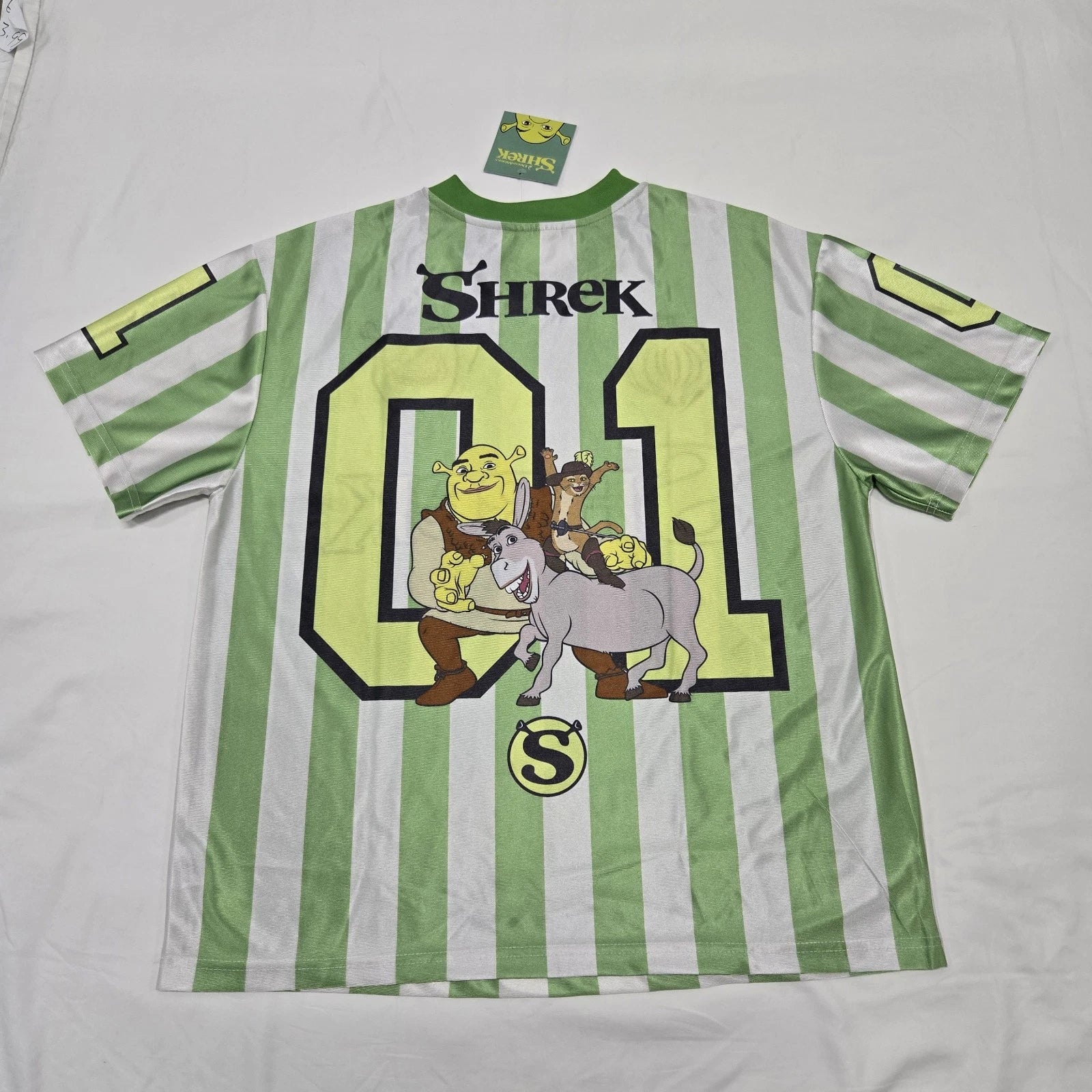 NWT Shrek Striped Football Jersey Embroidered Green White Soccer Shirt M x2 & XS