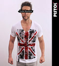 Pistol Boutique Men's Fitted White Deep V Neck UNION JACK BLOOD SKULLS T-shirt