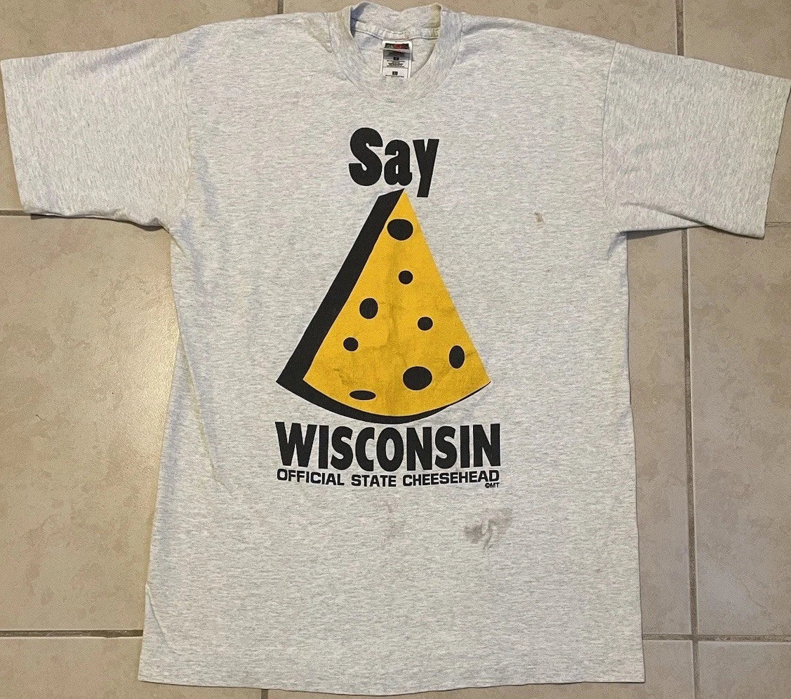 Vtg 90s Wisconsin Cheese Head Faded Distress Shirt L Funny Joke College Grunge