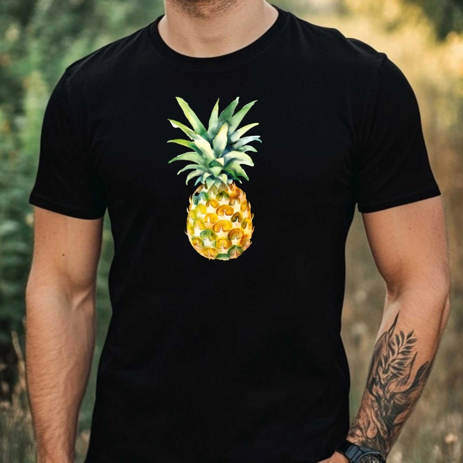 Mens Watercolour Pineapple Print Cotton T-Shirt Size XS to 5XL