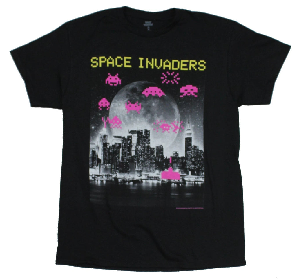 Space Invaders Adult New T-Shirt -  Full City Scape Moon Pic