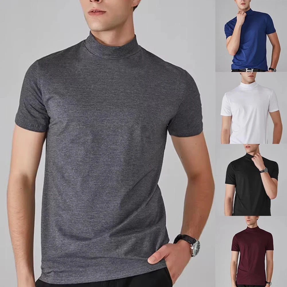 Men's Solid Color Slim Fit T Shirt Short Sleeve Half High Collar Daily Wear