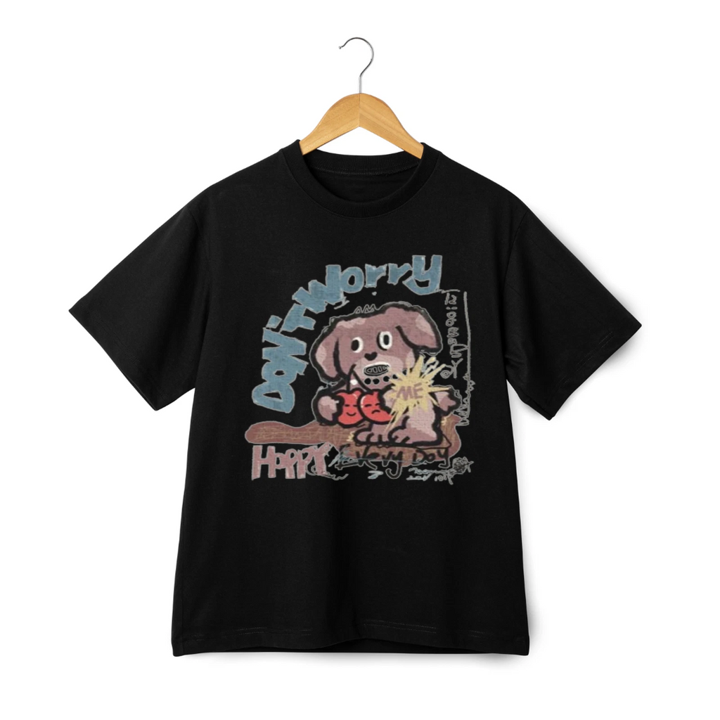 Don't Worry Happy Every Day Graphic T-shirt Cute Cartoon Puppy Lovers, Dogs Tee