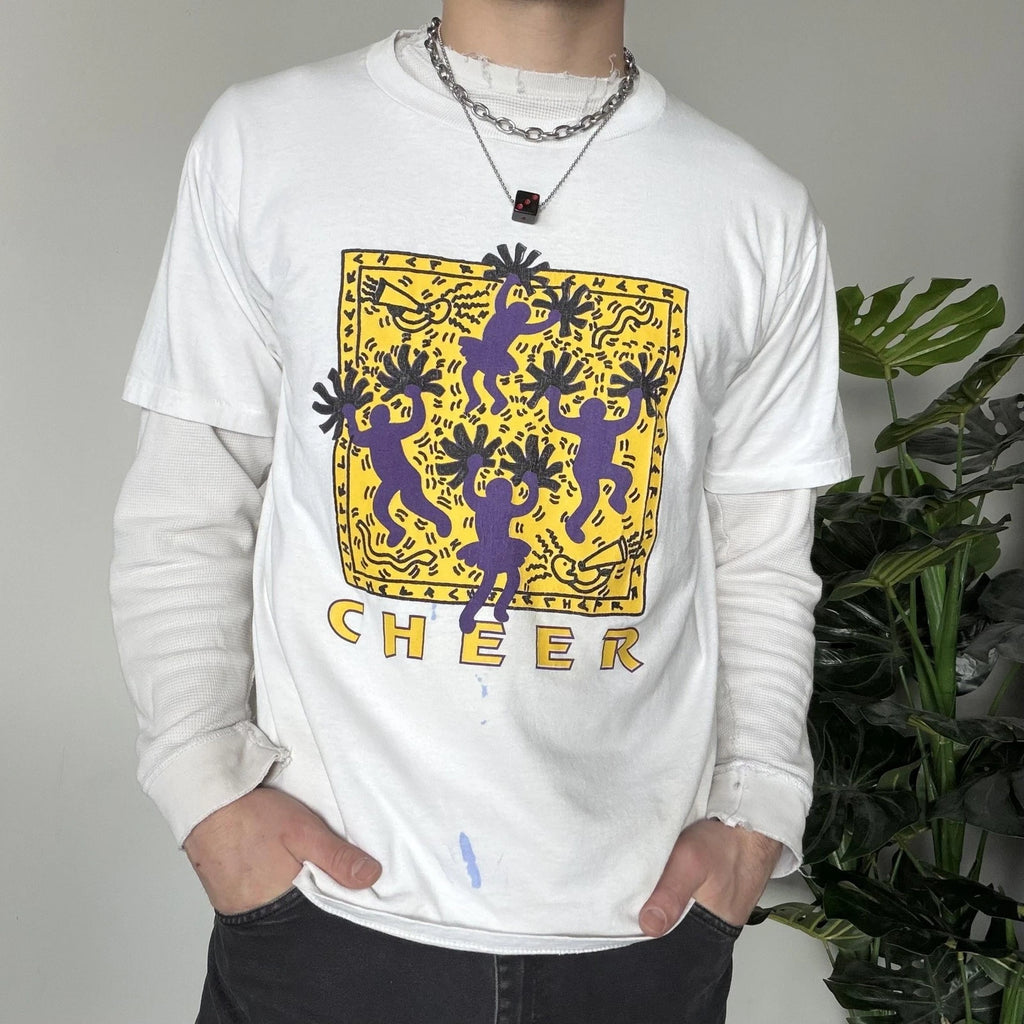 Vintage Keith Haring Style Cheer Shirt Large White Pom Pom Graphic Tee 90s USA