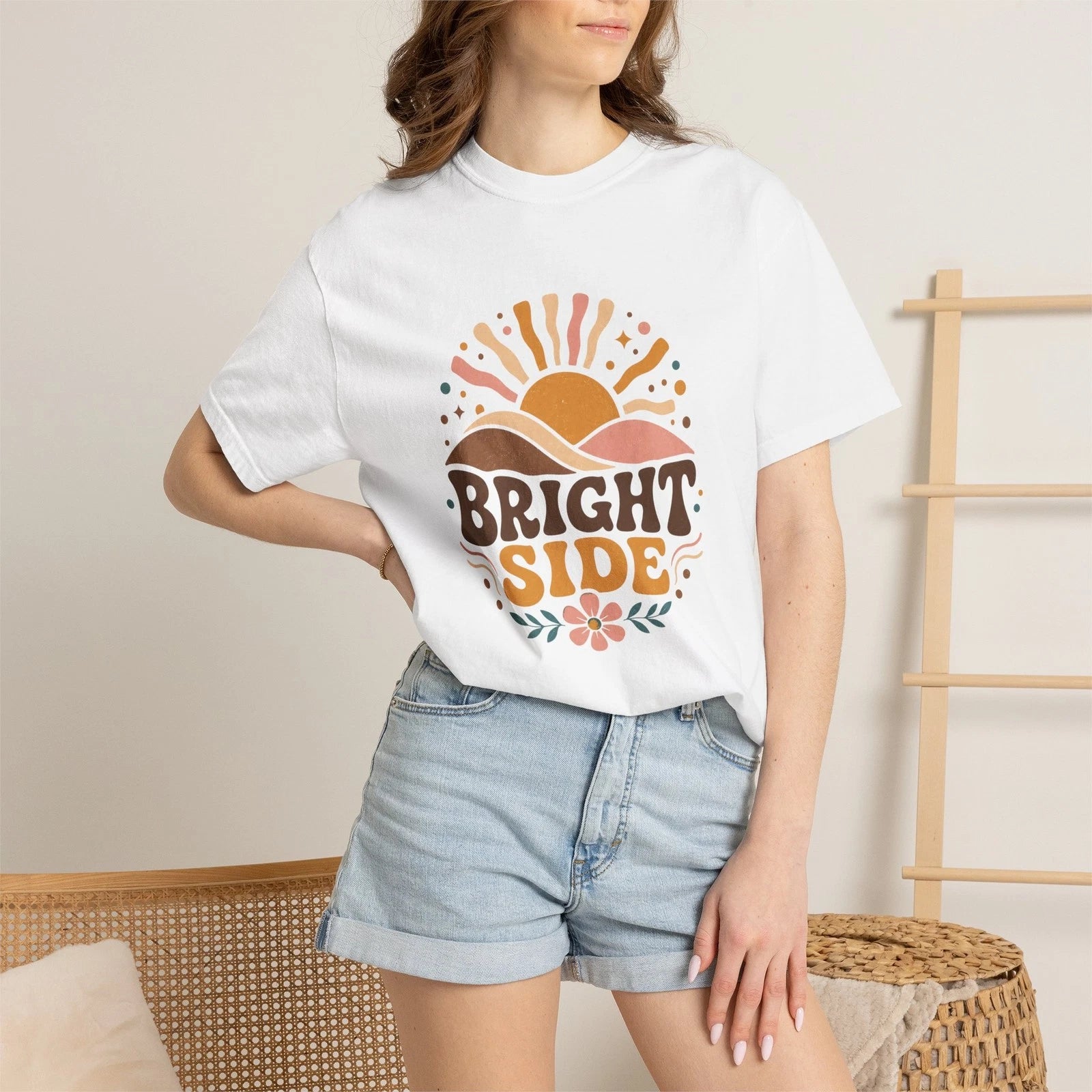 Womens Bright Side Comfort Colors Tee Retro Boho Sun Floral Garment Dyed S-4XL