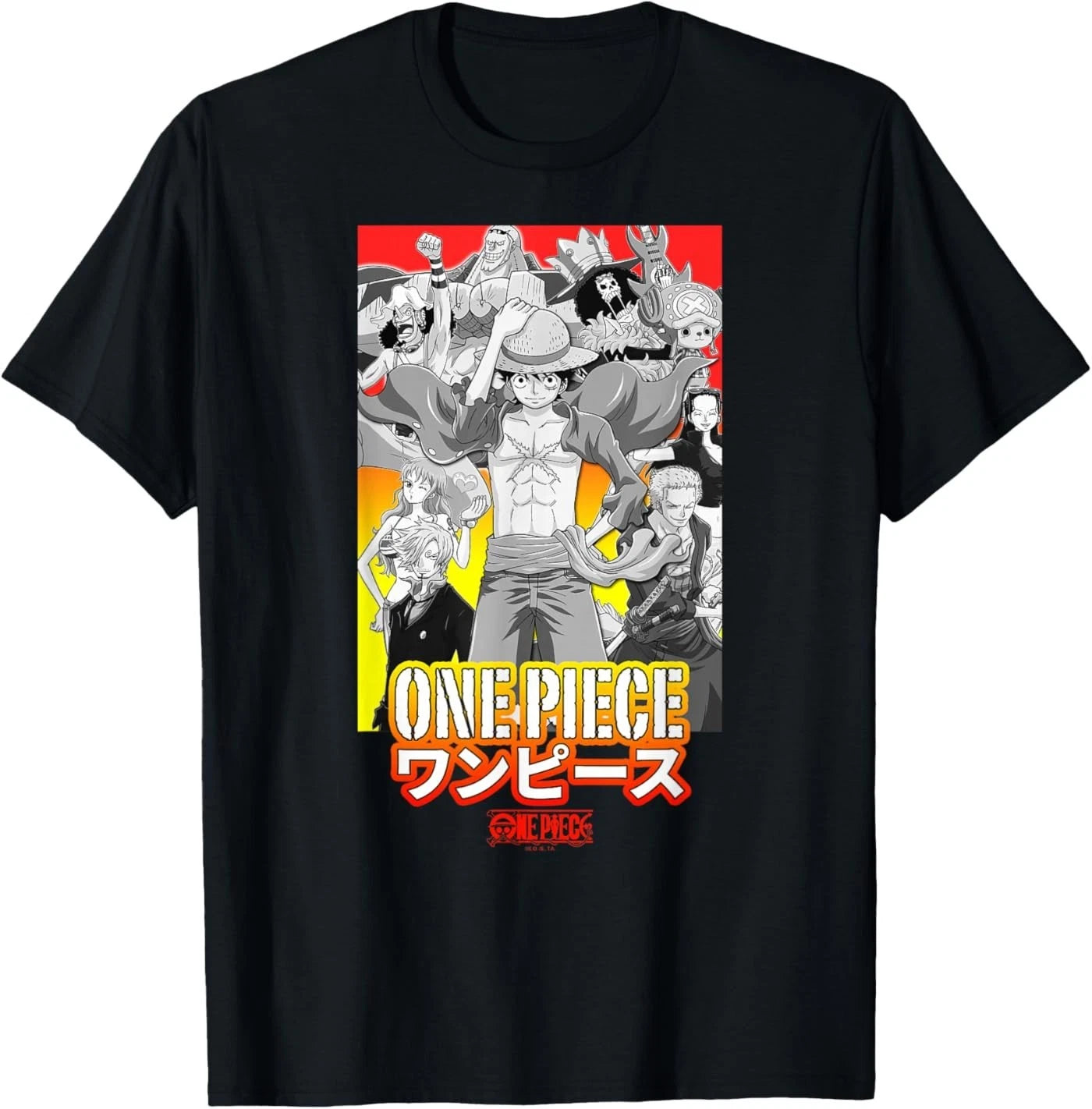 One Piece Anime Character Collage with Stencil Logo T-Shirt