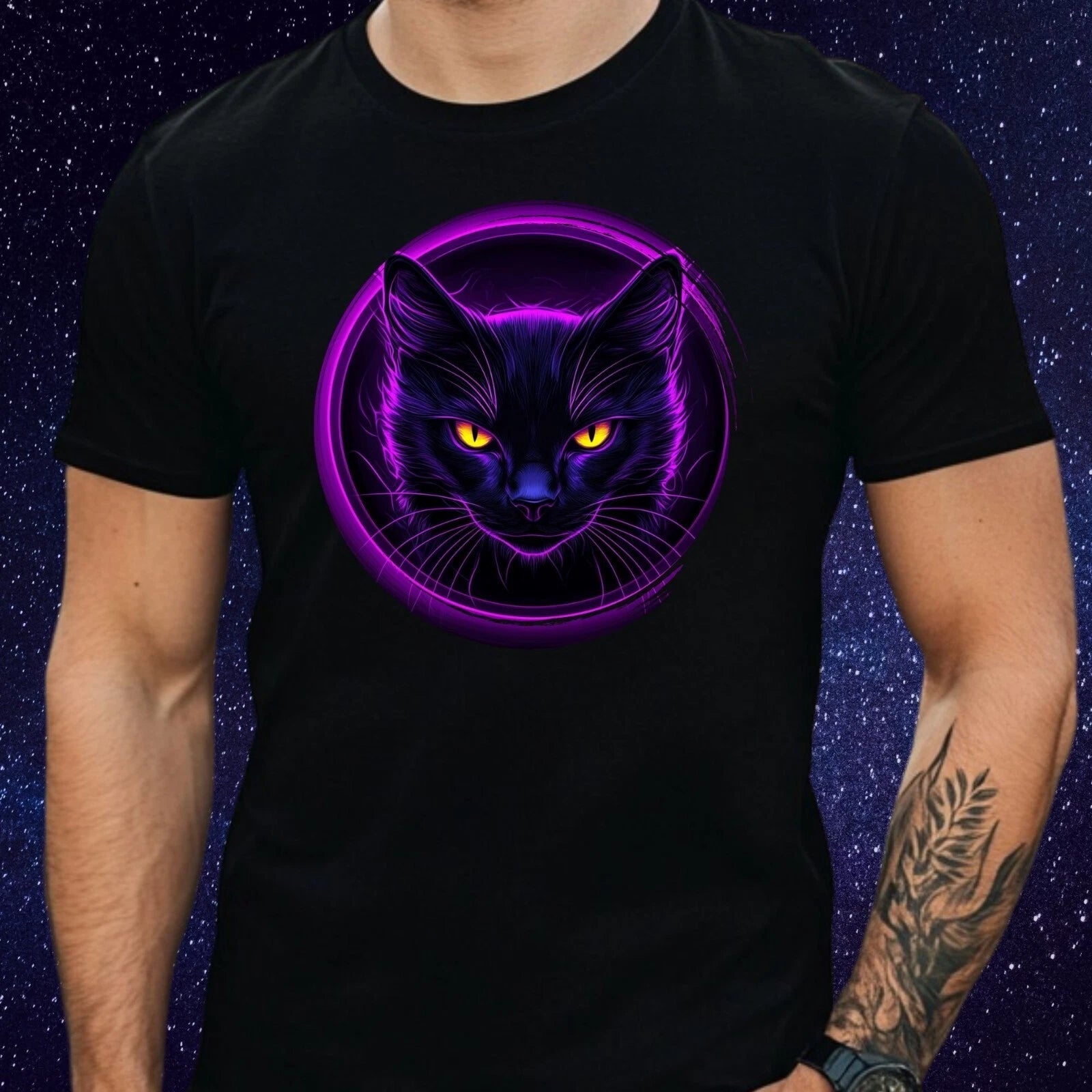 Mens Purple Cat Print Cotton T-Shirt Size XS to 5XL