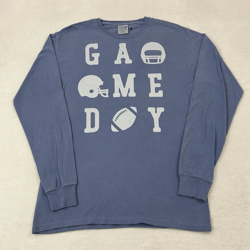 Comfort Wash Game Day Football Helmets & Ball Graphic Navy Longsleeve Shirt Sz M