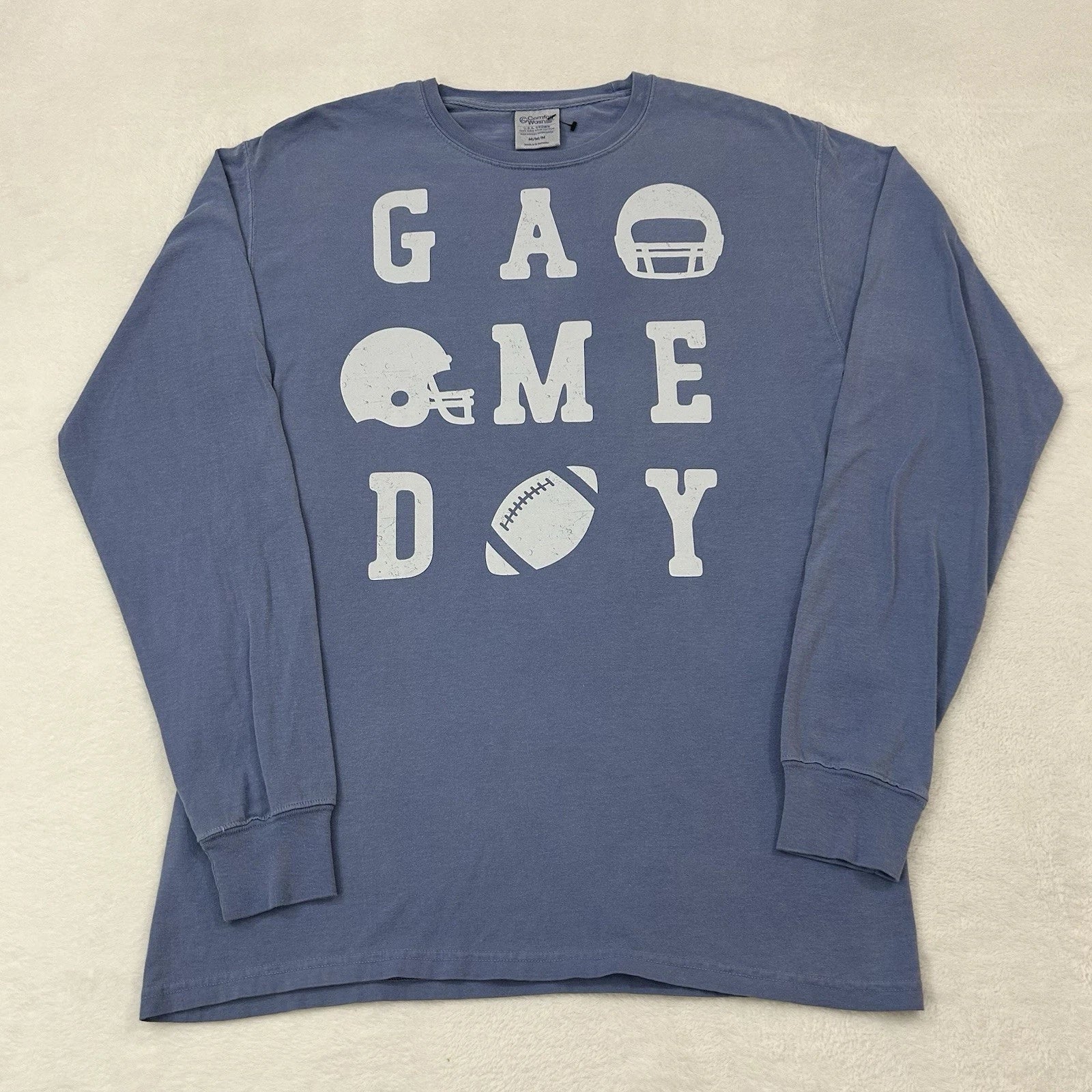 Comfort Wash Game Day Football Helmets & Ball Graphic Navy Longsleeve Shirt Sz M