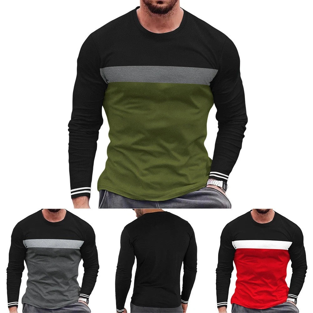 Mens round neck long sleeve casual tshirt loose fit colorblocked design