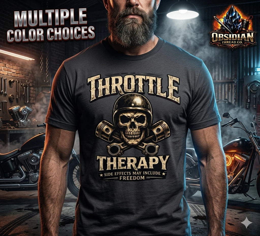 Throttle Therapy Biker Shirt Skull Motorcycle Rider Funny Gym Mens Tee No Harley