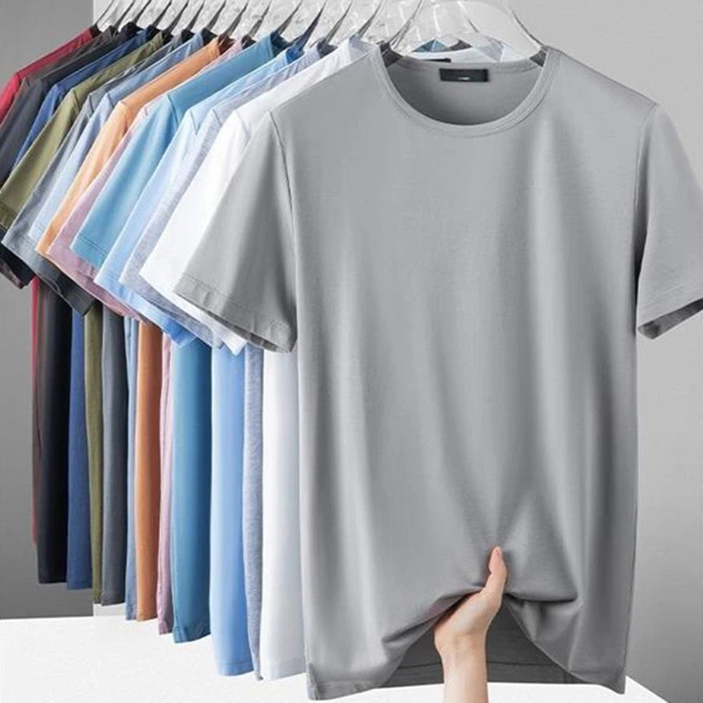 Solid Color Men's Short Sleeve T Shirt O Neck Elastic Quick Drying Summer Top