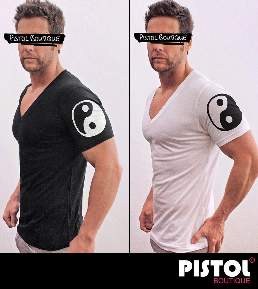 Pistol Boutique Men's Fitted T-Shirt Deep V-Neck YIN YANG Logo Print