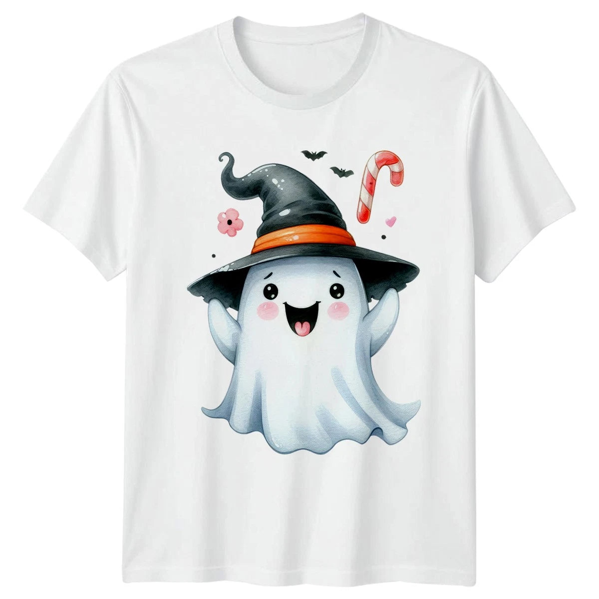 Cute Ghost Witch Hat Floral Womens T-Shirt Spooky Season Halloween Gift For Her