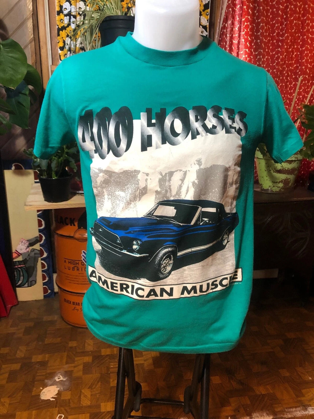 Vintage Blue Ford Mustang Muscle Car T Shirt HORSEPOWER American Muscle