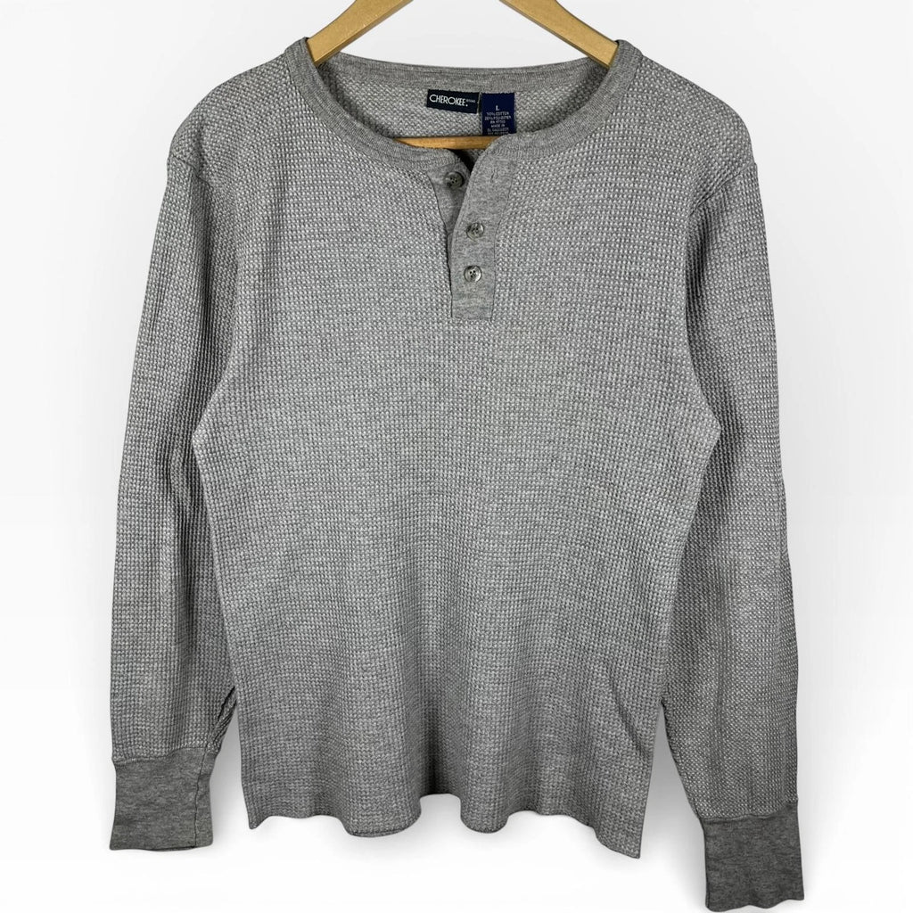 Y2K Thermal Waffle Knit Henley Top Cherokee Grey Skater Layering Mens Large