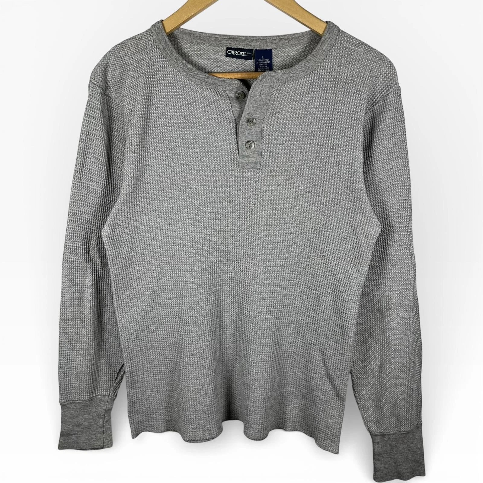 Y2K Thermal Waffle Knit Henley Top Cherokee Grey Skater Layering Mens Large