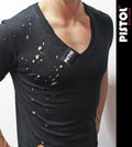 Pistol Boutique Men's Fitted Black Deep V Neck SHOTGUN distressed holed T-shirt