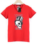 Vking Mens T-SHIRT S Cotton Red Stretch Graphic Skull V-Neck Short Sleeve
