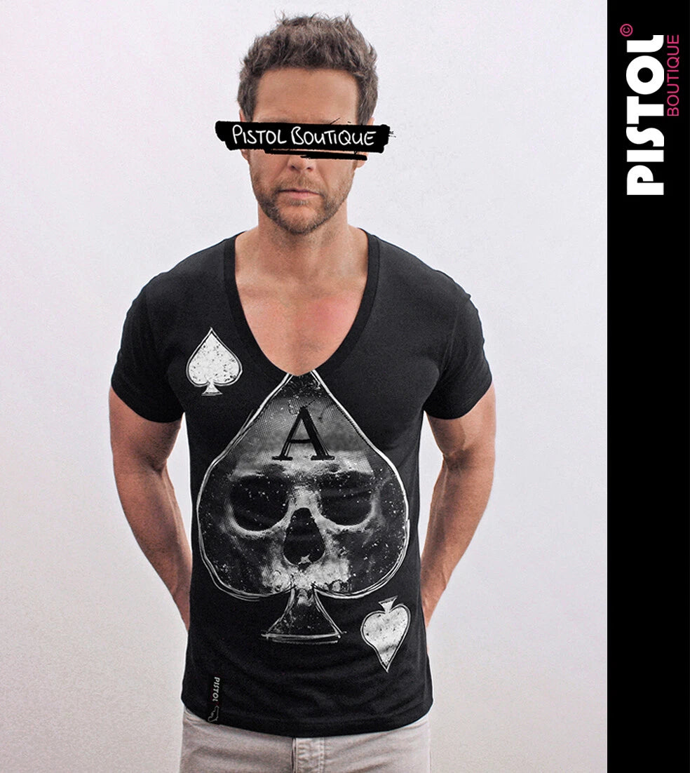 Pistol Boutique Men's Fitted Black Deep V neck ACE OF SPADES SKULL CARD T-shirt