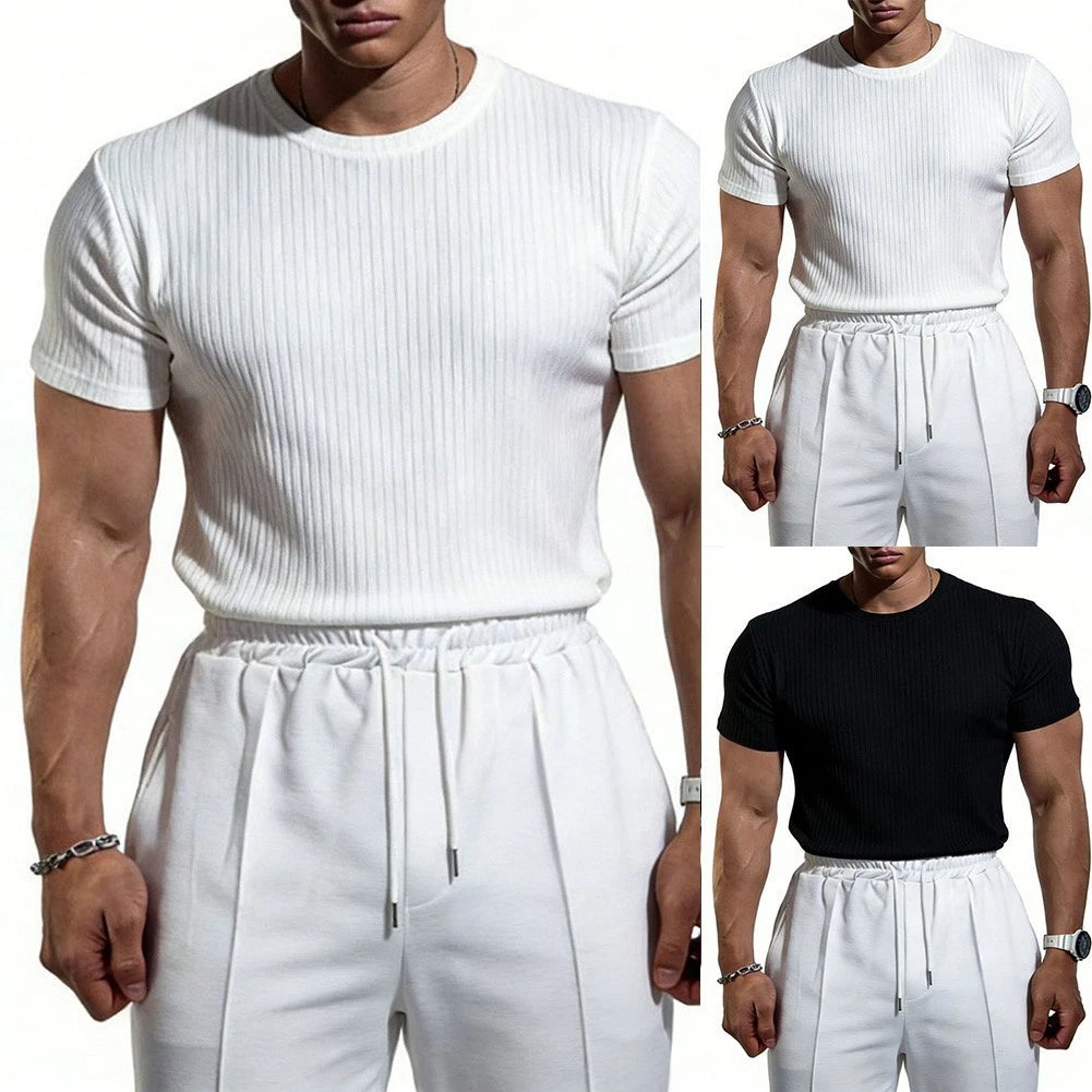 Men Short Sleeve Crew Neck Ribbed T-Shirt Slim Fit for Gym Sports Training