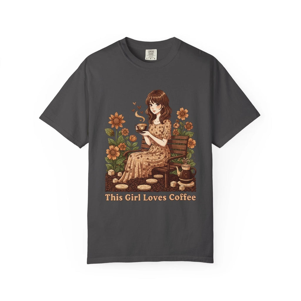 Cute Anime Girl Coffee T-Shirt – “This Girl Loves Coffee” Garden Aesthetic Tee