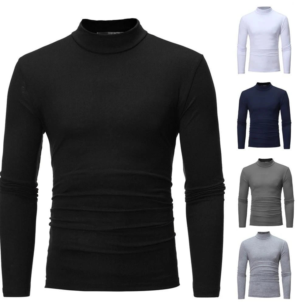 Mens Solid Color Turtleneck Slim Fit Elastic Pullover Knitting Base Shirt Tops
