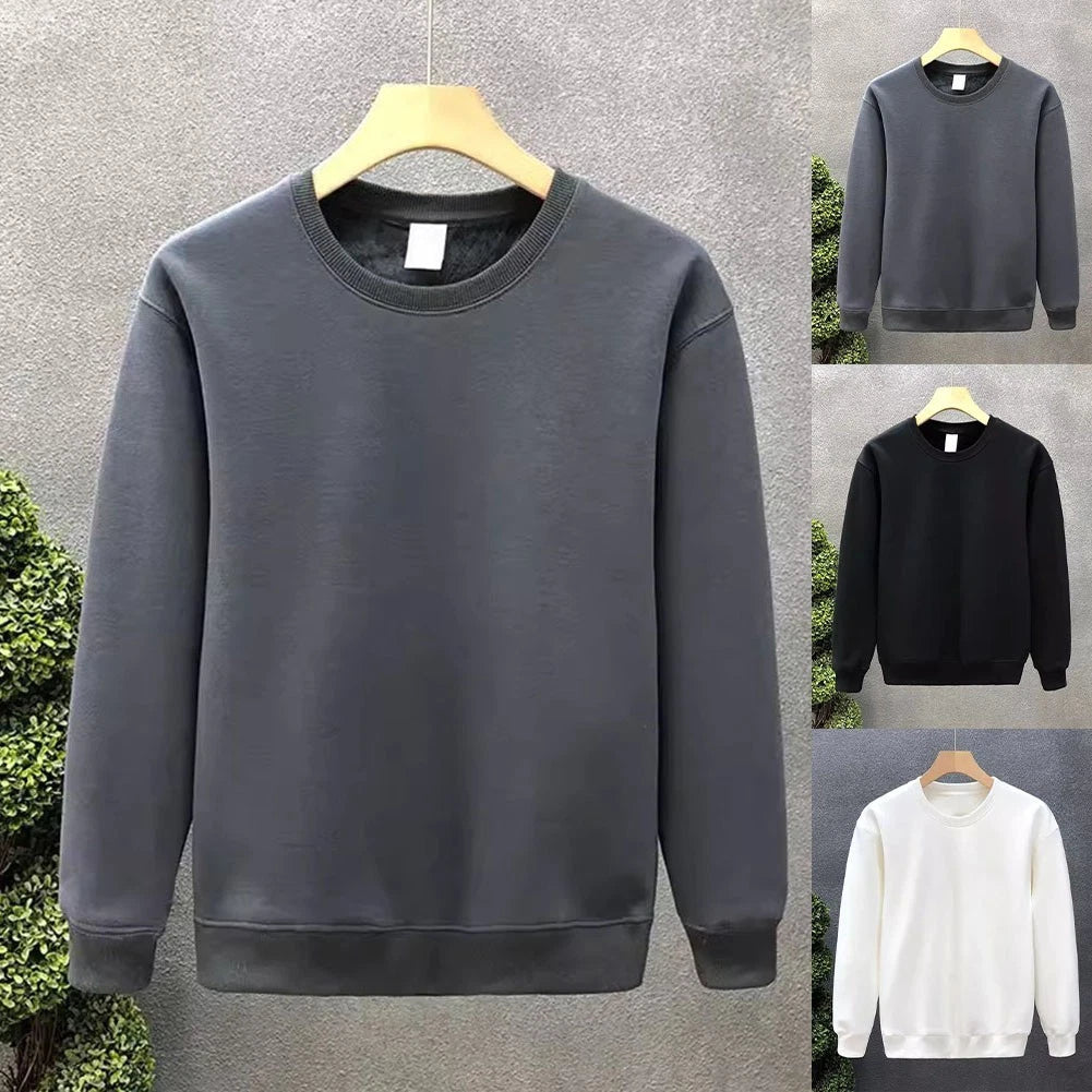 Men's Warm Fleece Pullover Sweatshirt Solid Color Long Sleeve Casual Top
