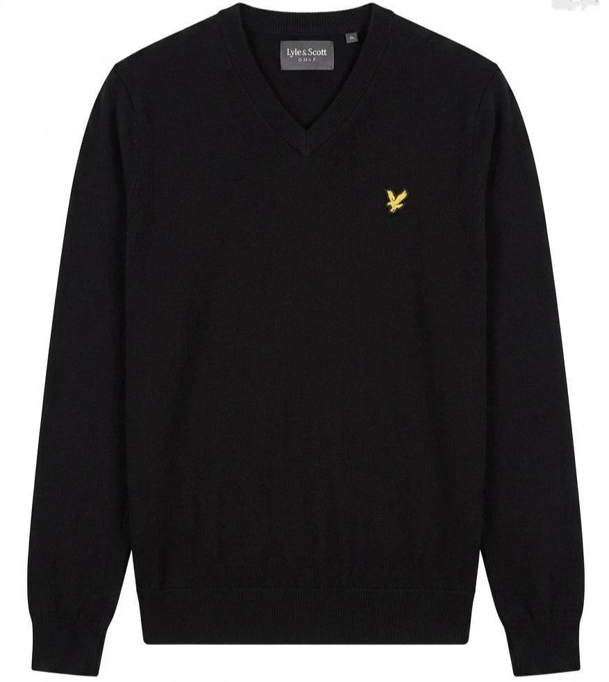 Lyle & Scott Vintage Men's V-Neck Jumper Black Cotton Merino Wool Knit Sweater