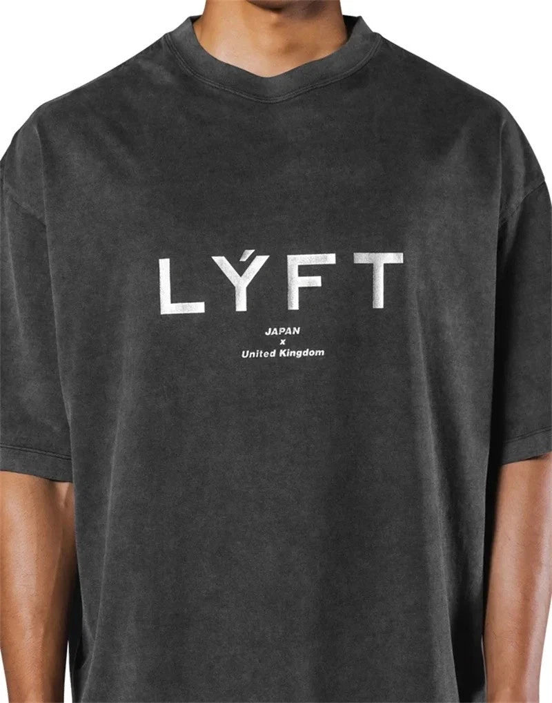 Men’s Washed Cotton Oversized Printed T-Shirt Short Sleeve Gym Fitness Casual